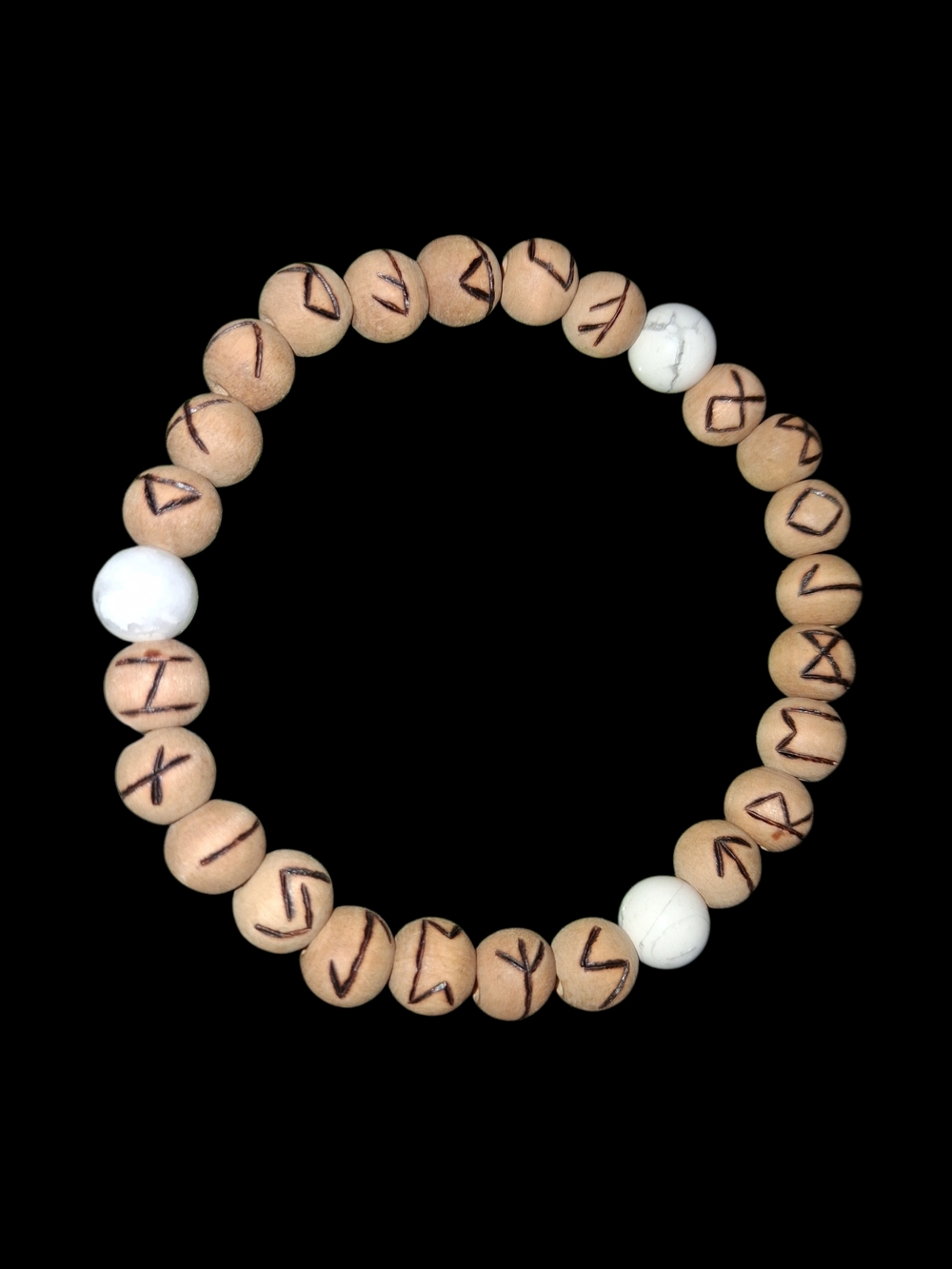 Handcrafted Woodburned Rune Meditation Bracelet with Howlite